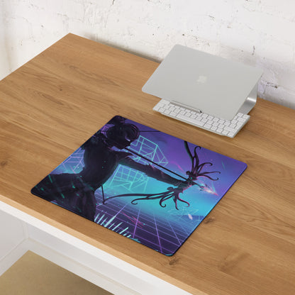 Vaporwave neon arena rectangular gaming mousepad with dark archer silhouette and tentacles on purple teal cyberpunk background