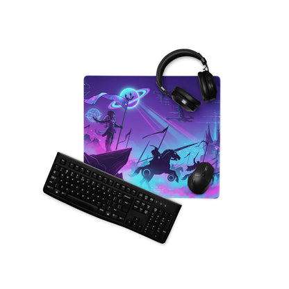 Purple and blue neon gaming mousepad with fantasy battle scene featuring silhouetted characters and mythical creatures
