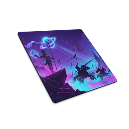 Vaporwave neon nightfall mouse pad with vibrant purple and neon blue fantasy warrior and unicorn riders under cosmic lights