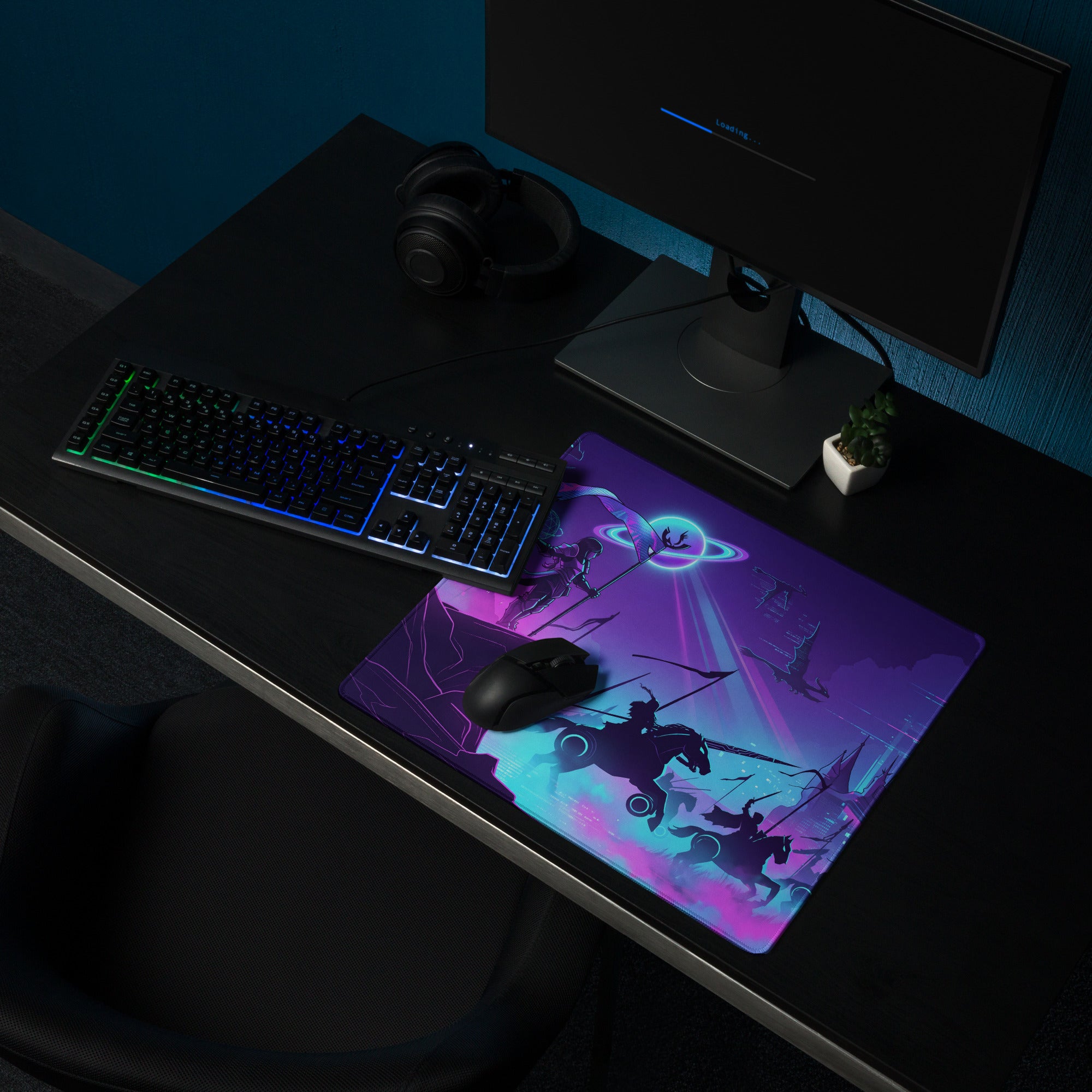 Vaporwave neon nightfall pad purple teal gaming mouse pad with fantasy battle scene and glowing ringed planet design