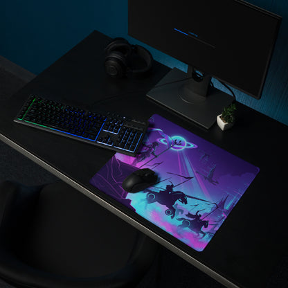 Vaporwave neon nightfall pad purple teal gaming mouse pad with fantasy battle scene and glowing ringed planet design