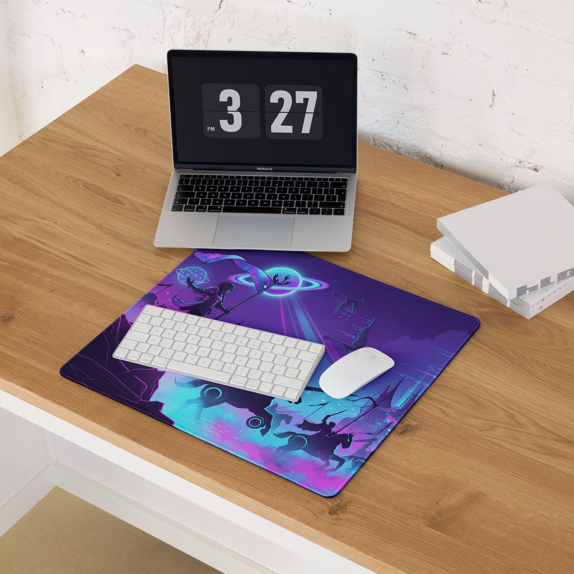 Vibrant purple and teal vaporwave neon nightfall gaming mousepad with cosmic silhouettes and glowing planetary designs