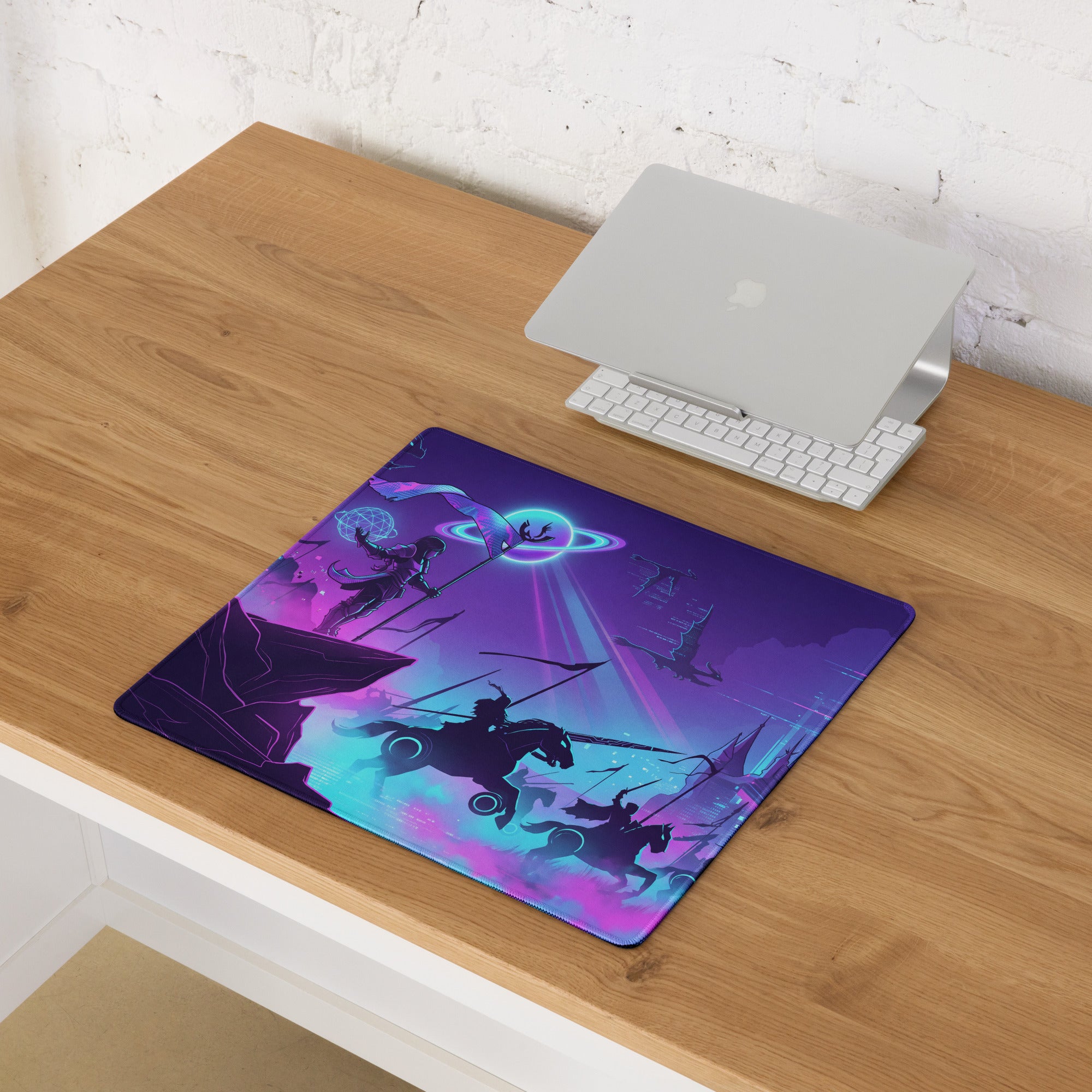 Purple and blue cosmic-themed gaming mousepad with silhouetted fantasy warriors on horseback and glowing planet backdrop