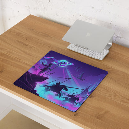 Purple and blue cosmic-themed gaming mousepad with silhouetted fantasy warriors on horseback and glowing planet backdrop