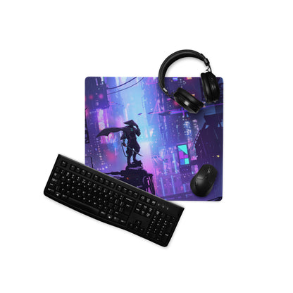 Purple and blue cyberpunk-themed gaming mousepad with a warrior silhouette on rooftop against neon city lights