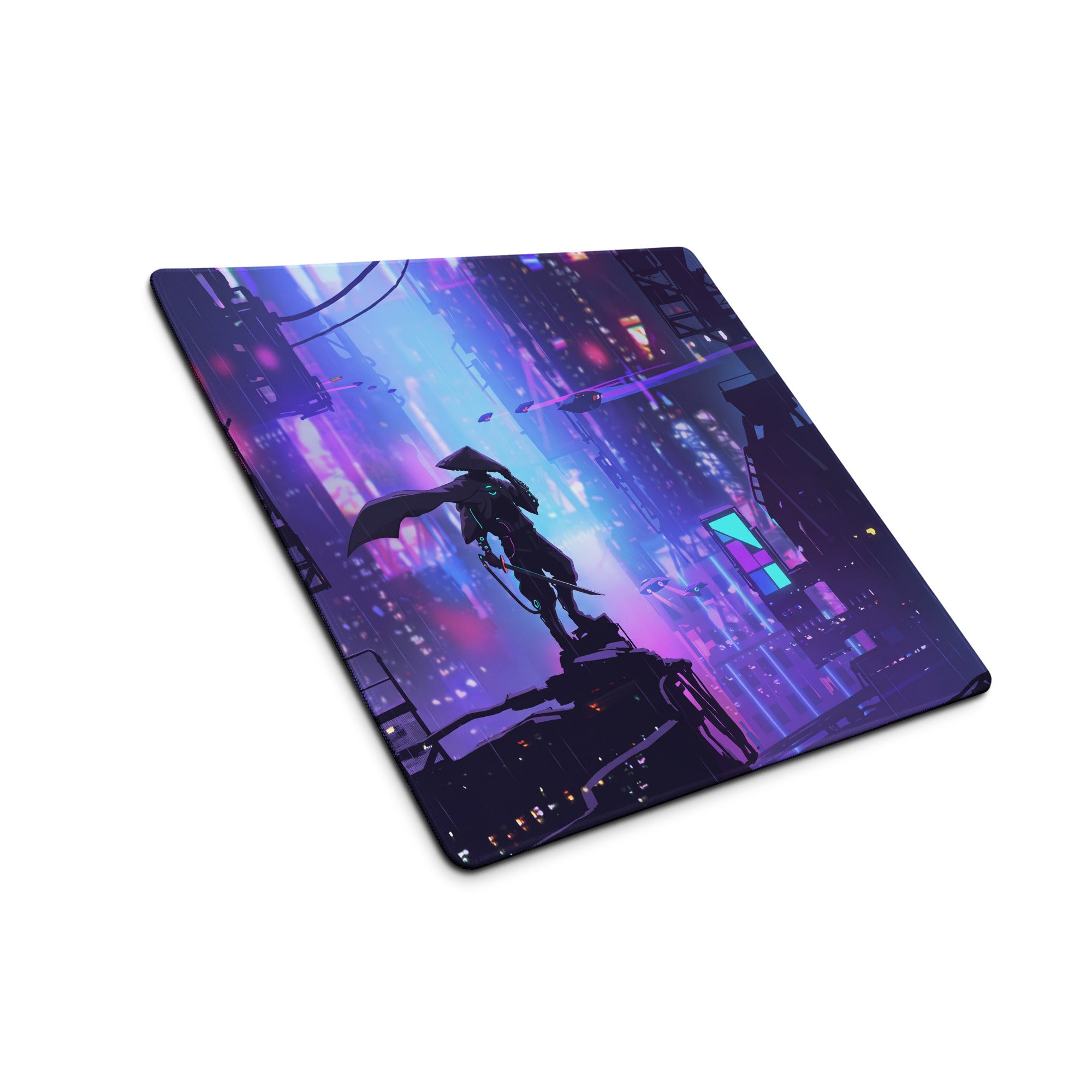 Navy blue rectangular mousepad with vibrant cyberpunk cityscape in purple and pink neon featuring a silhouette figure