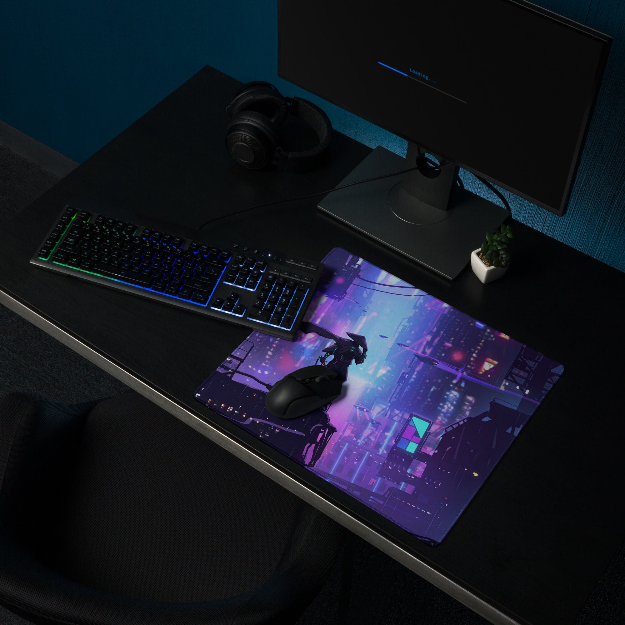Vaporwave neon city mouse pad featuring a ninja-themed vibrant purple and blue cyberpunk gaming design