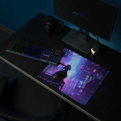 Vaporwave neon city mouse pad featuring a ninja-themed vibrant purple and blue cyberpunk gaming design