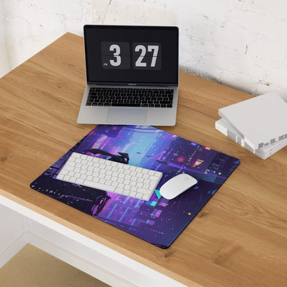 Vaporwave neon city mouse pad featuring purple and blue neon cityscape with a black cat silhouette on rooftop for gaming desk