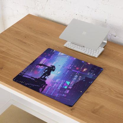 Purple and blue neon cityscape gaming mouse pad with winged character silhouette against futuristic skyline design