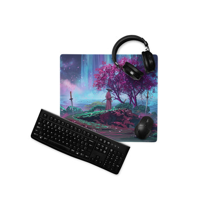 Black gaming keyboard with matte finish and standard layout keys displayed on neon pink purple vaporwave sakura mouse pad