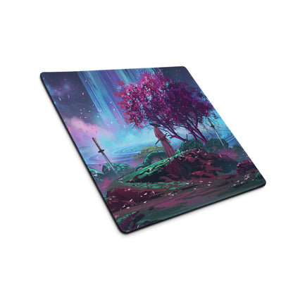 Vaporwave neon sakura mouse pad featuring a vibrant anime-style figure under a magenta tree with swords on a purple teal sky