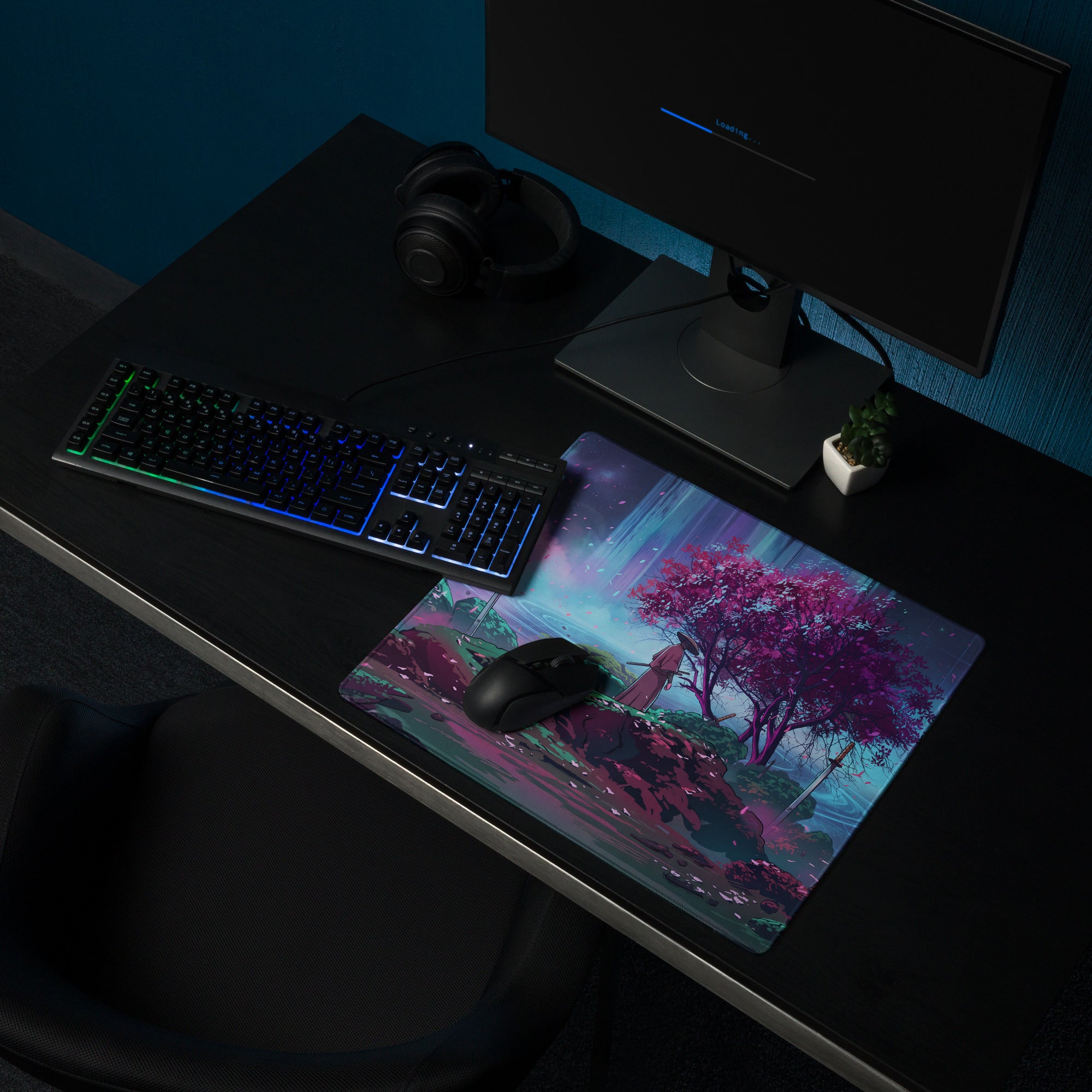 A vibrant rectangular vaporwave neon sakura mouse pad with pink trees under a twilight sky for gaming desks