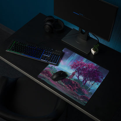 A vibrant rectangular vaporwave neon sakura mouse pad with pink trees under a twilight sky for gaming desks