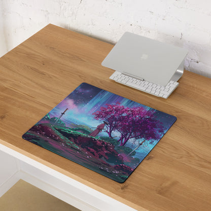 Vaporwave neon sakura gaming mouse pad with vibrant purple trees glowing skies and swords in anime-style landscape