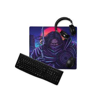Vibrant purple and neon blue samurai gaming mousepad featuring a ninja with glowing sword against sunset backdrop