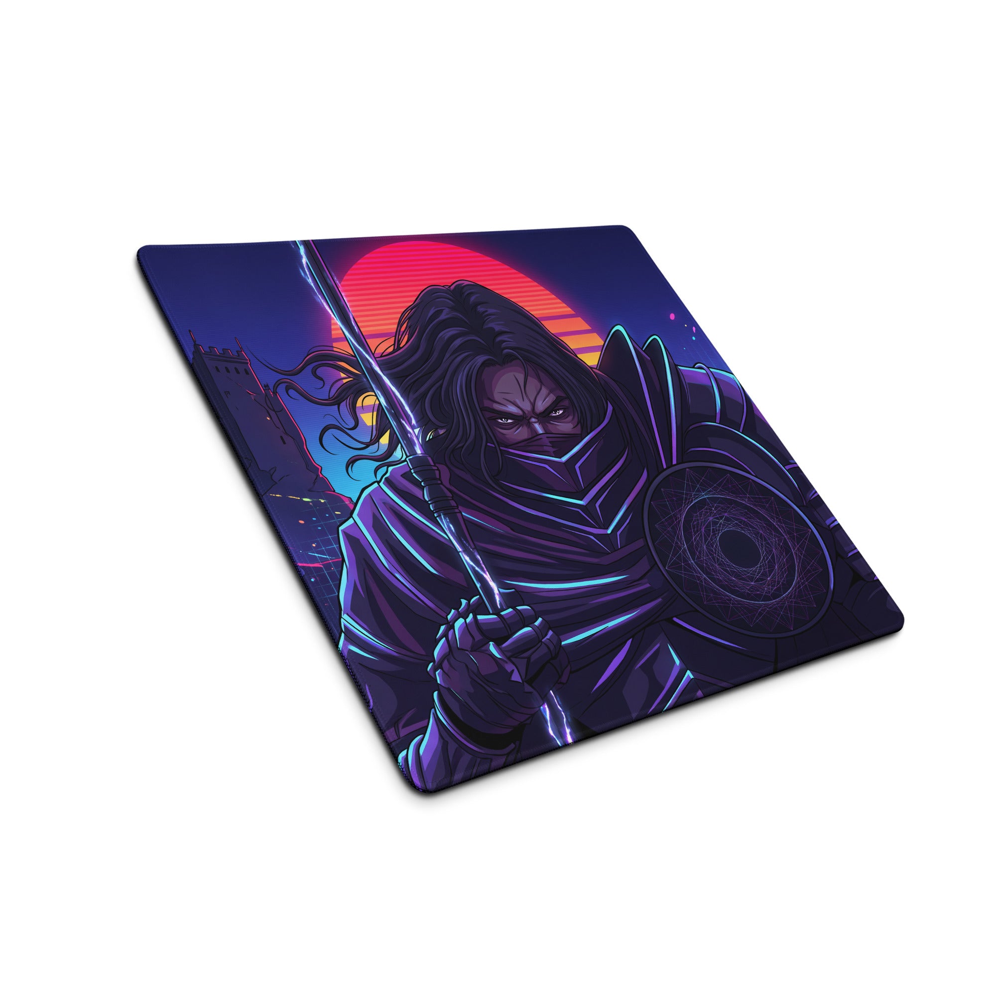 Neon vaporwave samurai gaming mousepad with vibrant neon sunset and detailed ninja character illustration