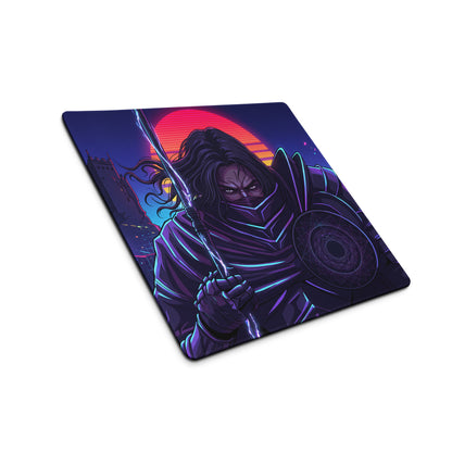 Neon vaporwave samurai gaming mousepad with vibrant neon sunset and detailed ninja character illustration