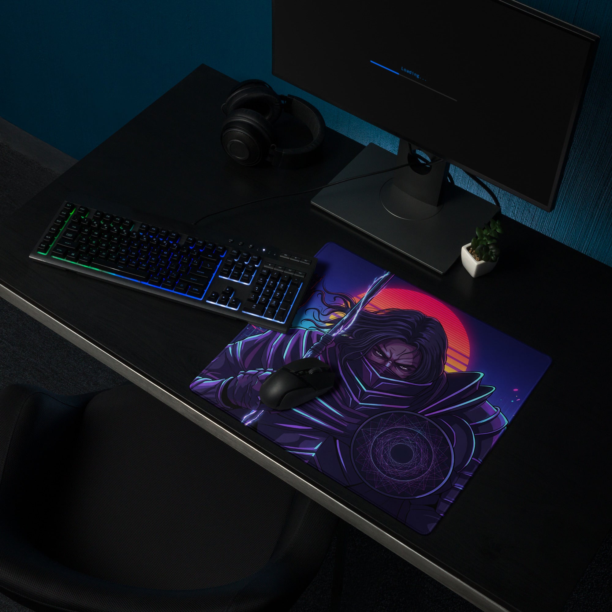Vibrant purple and neon blue gaming mousepad featuring a stylized glowing ninja in neon vaporwave cyberpunk style