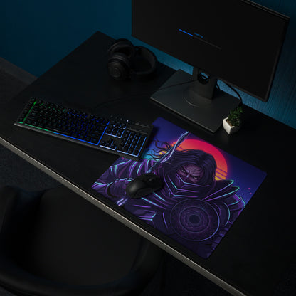Vibrant purple and neon blue gaming mousepad featuring a stylized glowing ninja in neon vaporwave cyberpunk style