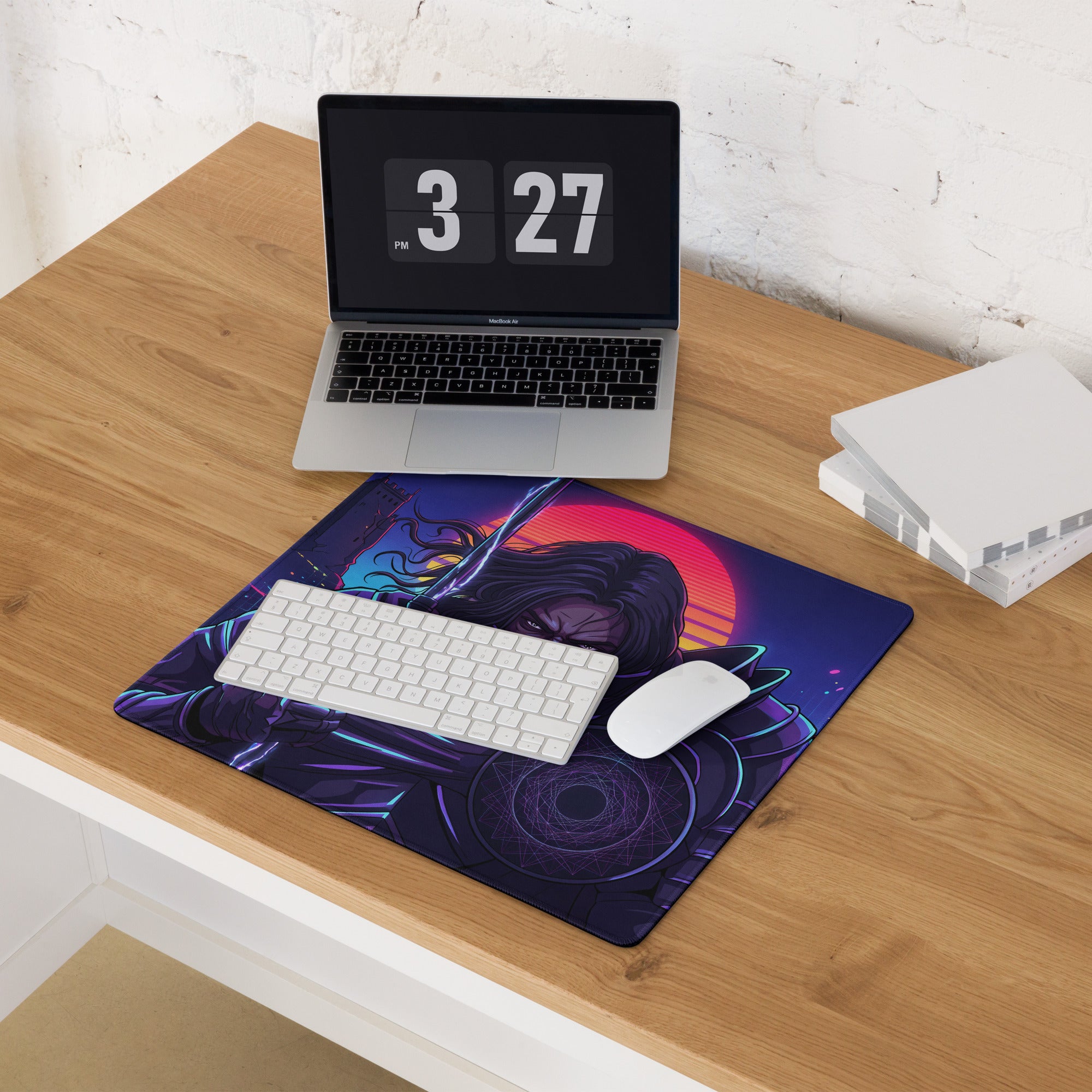 Navy blue gaming mousepad featuring a vibrant neon vaporwave samurai with purple and pink cyberpunk accents