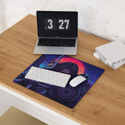 Navy blue gaming mousepad featuring a vibrant neon vaporwave samurai with purple and pink cyberpunk accents