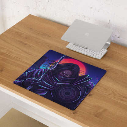 Neon vaporwave samurai pad vibrant purple and neon blue ninja-themed gaming mousepad with futuristic sunset backdrop
