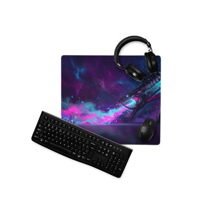 Vibrant purple and blue cosmic dragon-themed neon dragon vaporwave mouse pad with glossy finish and non slip base
