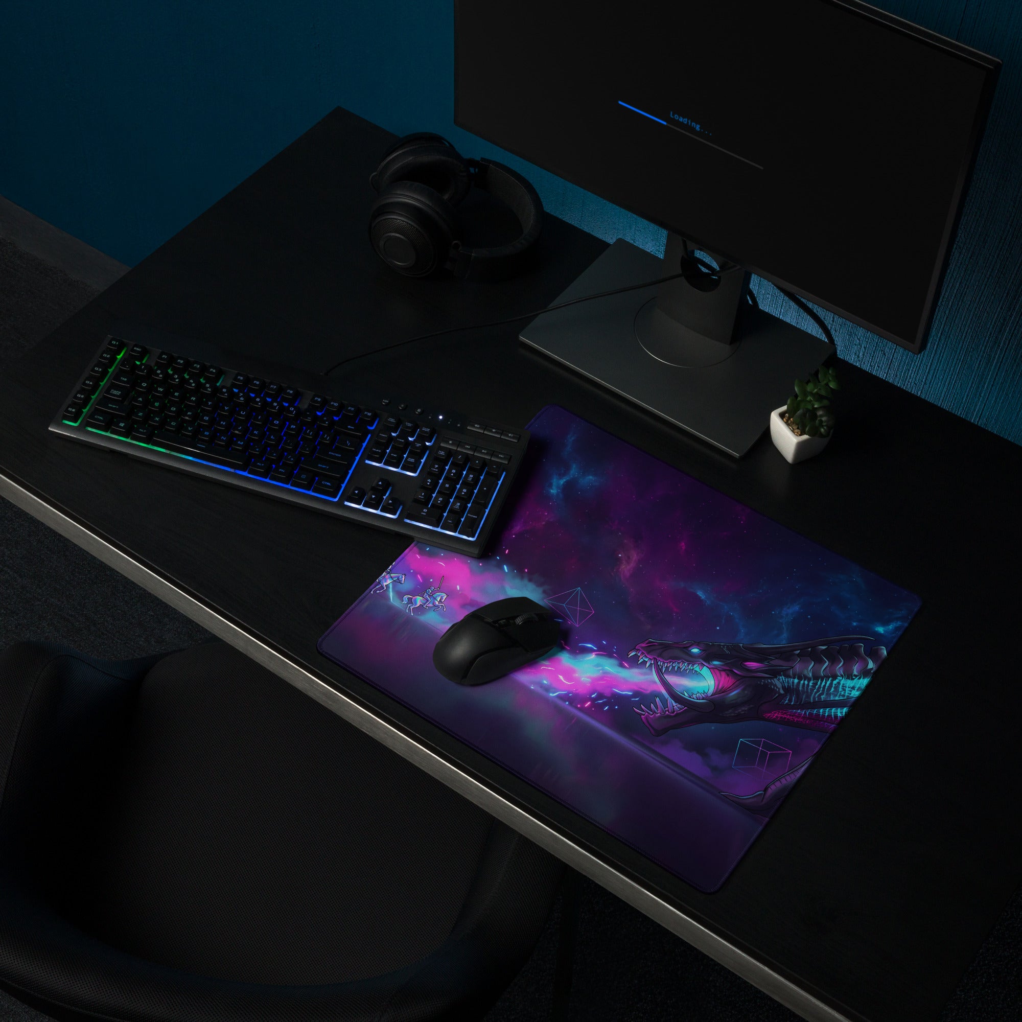 Vibrant cosmic dragon-themed gaming mousepad with neon purple and blue nebula design for non slip use