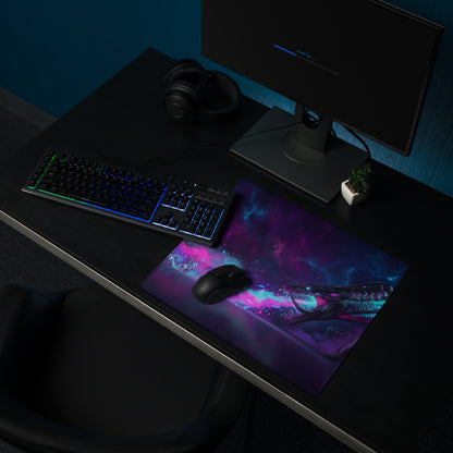 Vibrant cosmic dragon-themed gaming mousepad with neon purple and blue nebula design for non slip use