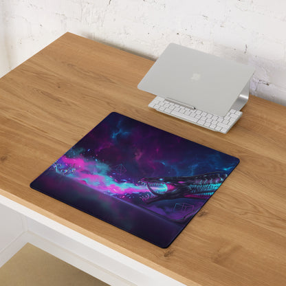 A rectangular dark purple and neon pink vaporwave mouse pad with a neon shark and cosmic nebula design
