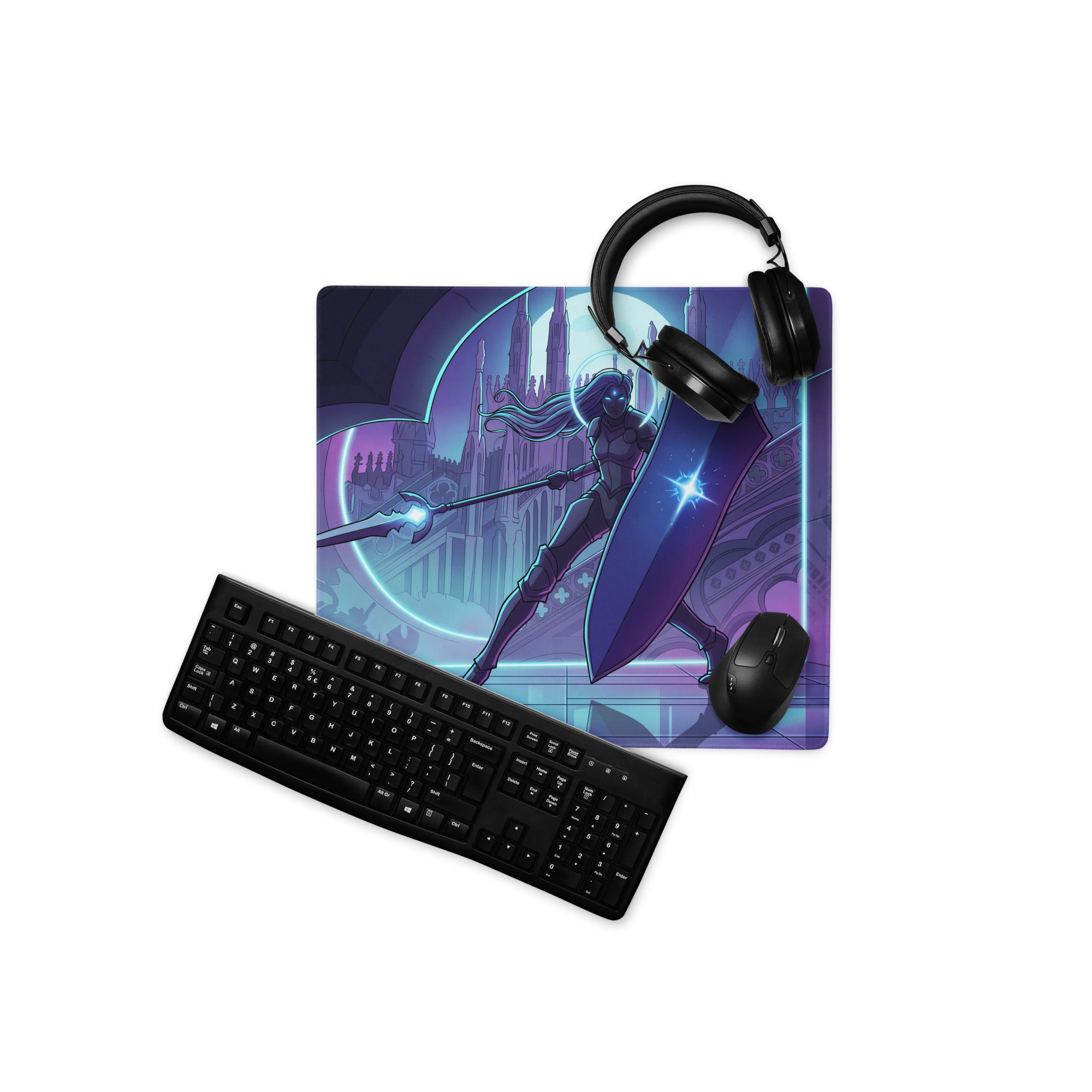 Purple and blue neon knight vaporwave gaming mouse pad with stylized warrior and glowing sword for gaming mood decor