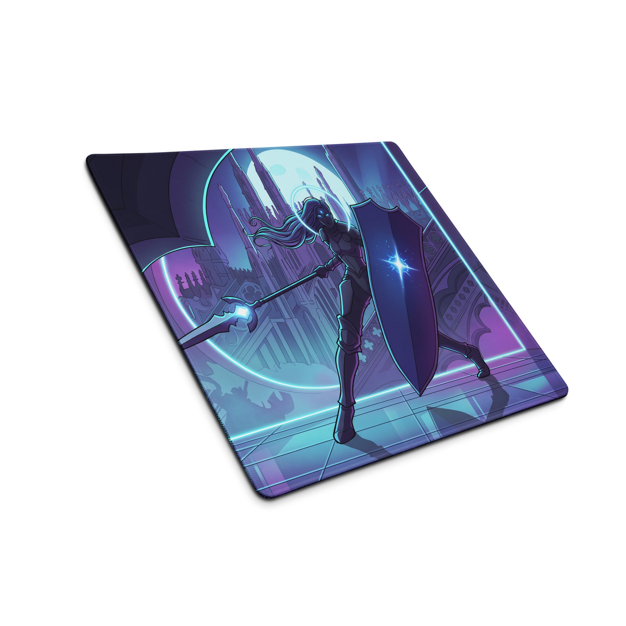 Neon knight vaporwave mouse pad with purple and blue neon fantasy warrior design for gaming and retro decor