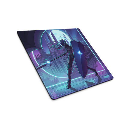 Neon knight vaporwave mouse pad with purple and blue neon fantasy warrior design for gaming and retro decor