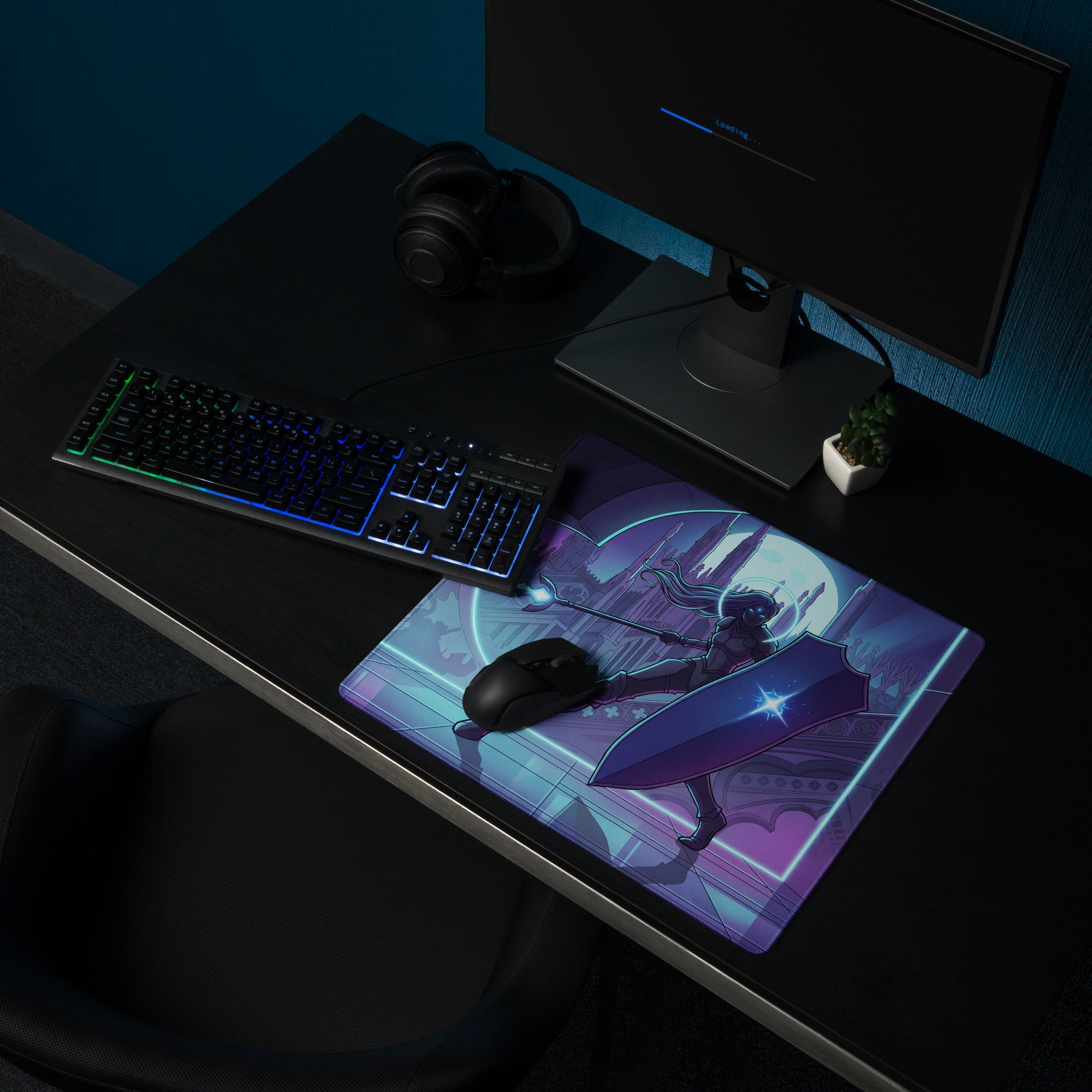 Neon knight vaporwave mouse pad with purple and blue fantasy character holding shield for gaming mood and retro decor