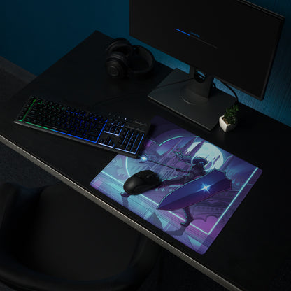 Neon knight vaporwave mouse pad with purple and blue fantasy character holding shield for gaming mood and retro decor