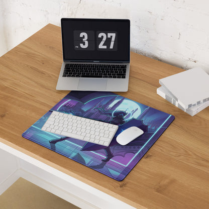 Neon knight vaporwave mouse pad featuring purple and blue futuristic cityscape digital art for gaming mood decor