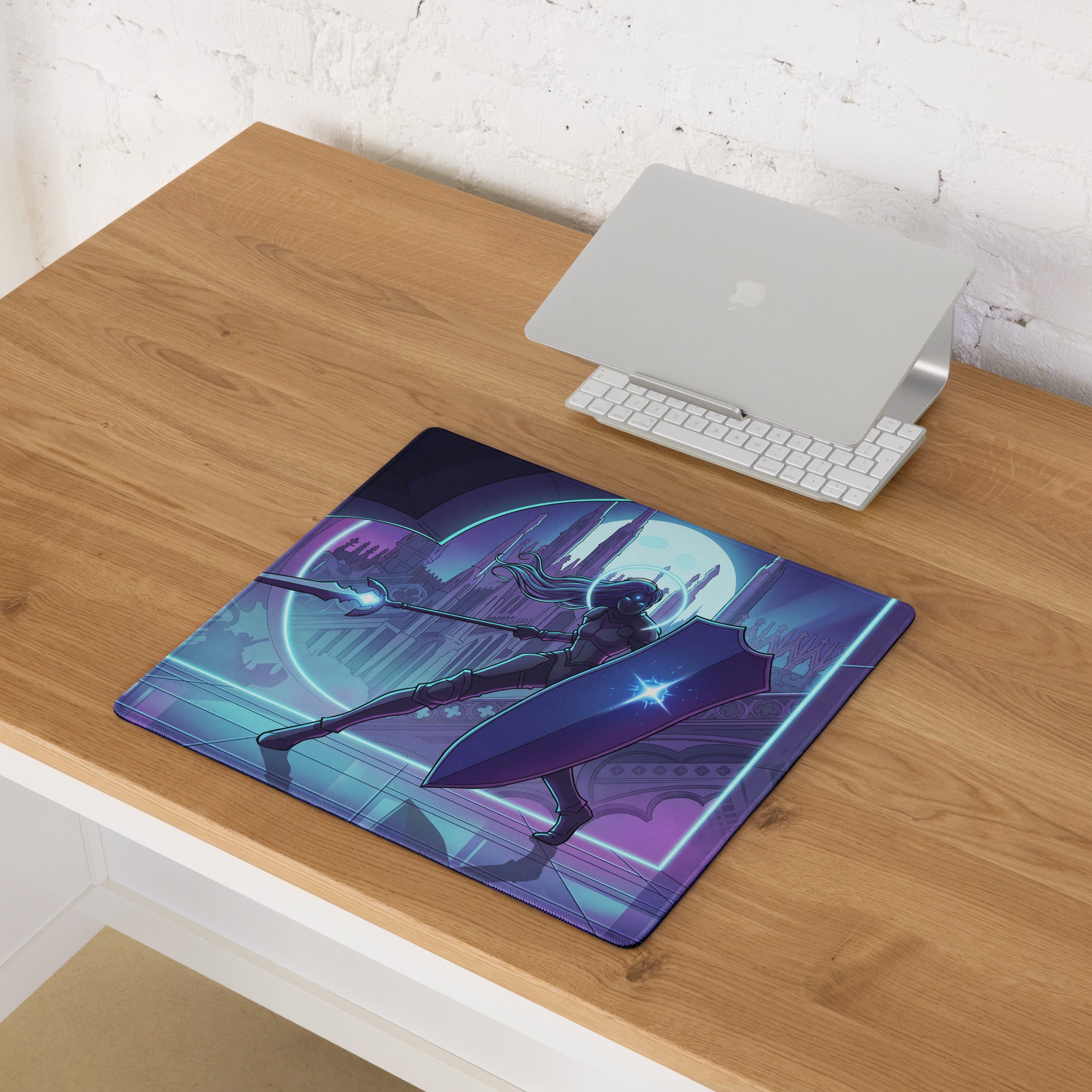 Neon knight vaporwave gaming mousepad with purple and blue fantasy warrior design for retro futuristic decor