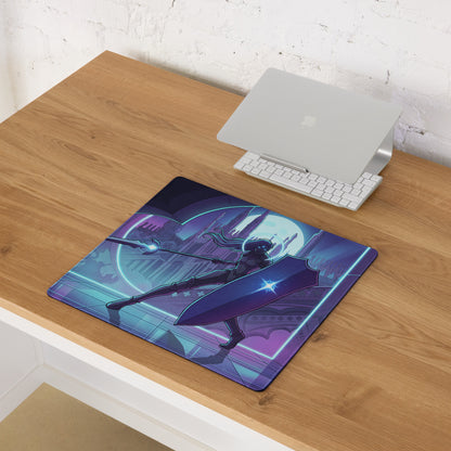 Neon knight vaporwave gaming mousepad with purple and blue fantasy warrior design for retro futuristic decor