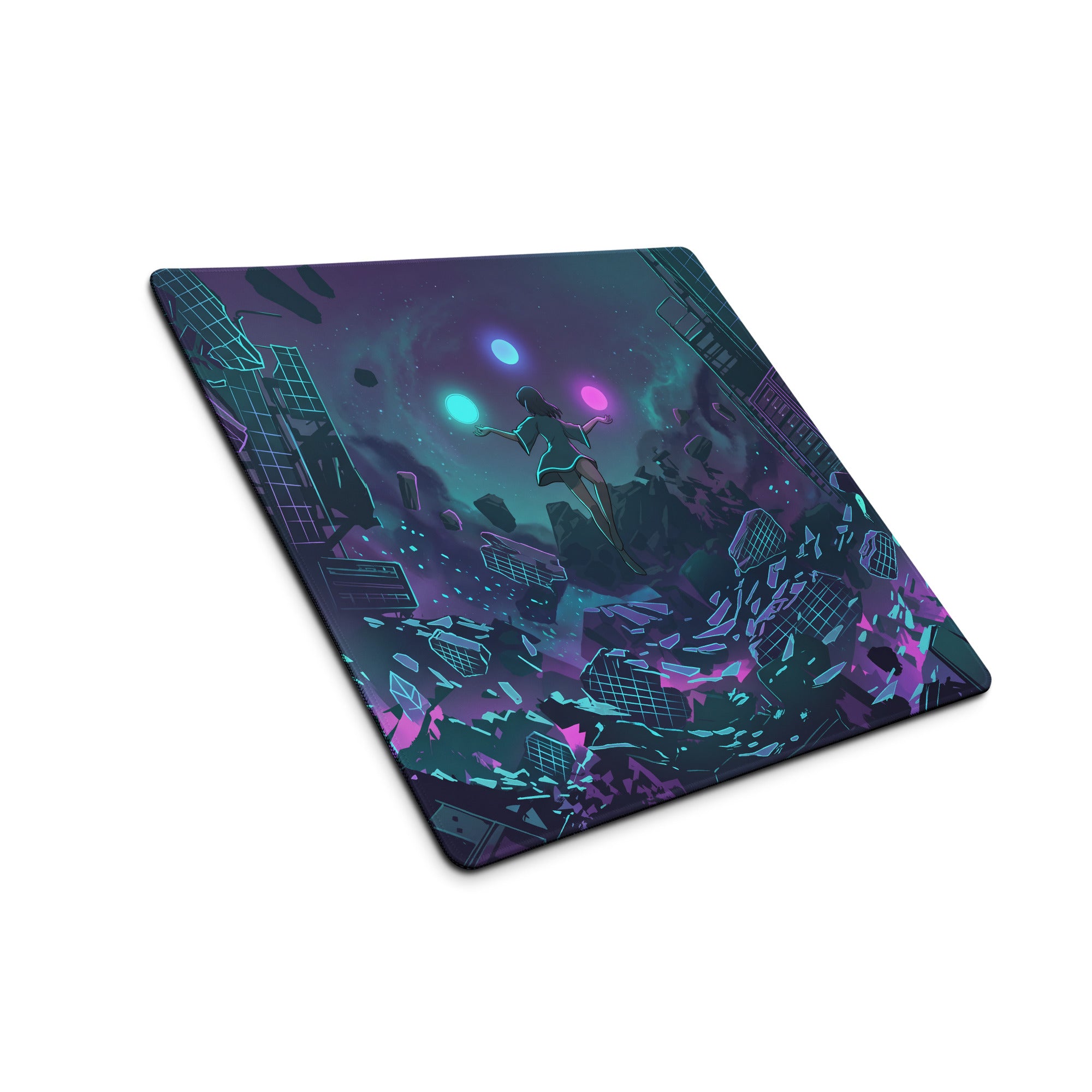 A rectangular vaporwave neon city mouse pad with vibrant purple and teal futuristic figure and floating city debris design