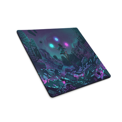 A rectangular vaporwave neon city mouse pad with vibrant purple and teal futuristic figure and floating city debris design