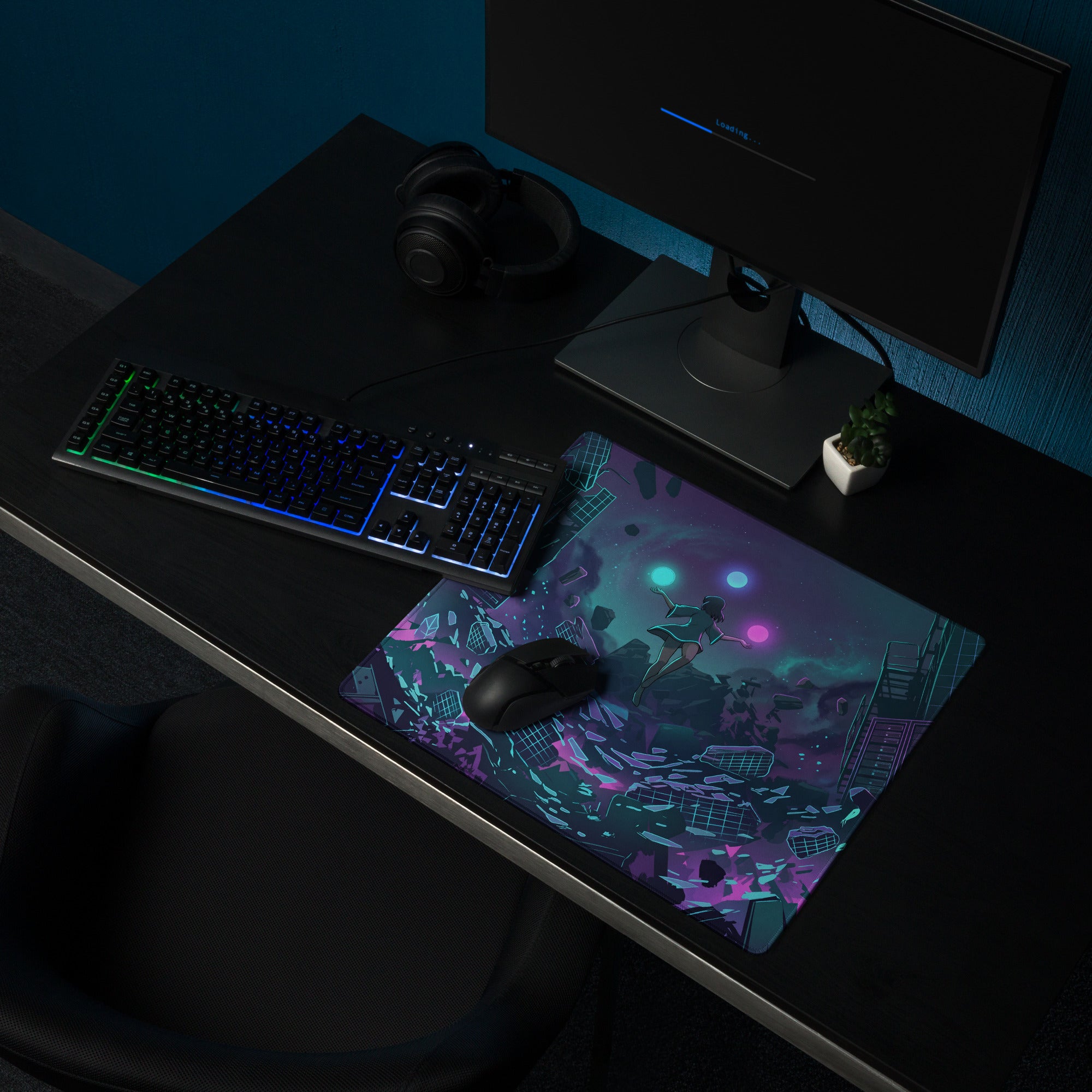 A vibrant gaming mousepad with neon purple and teal cyberpunk art for retro futuristic vaporwave desk setups