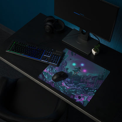 A vibrant gaming mousepad with neon purple and teal cyberpunk art for retro futuristic vaporwave desk setups