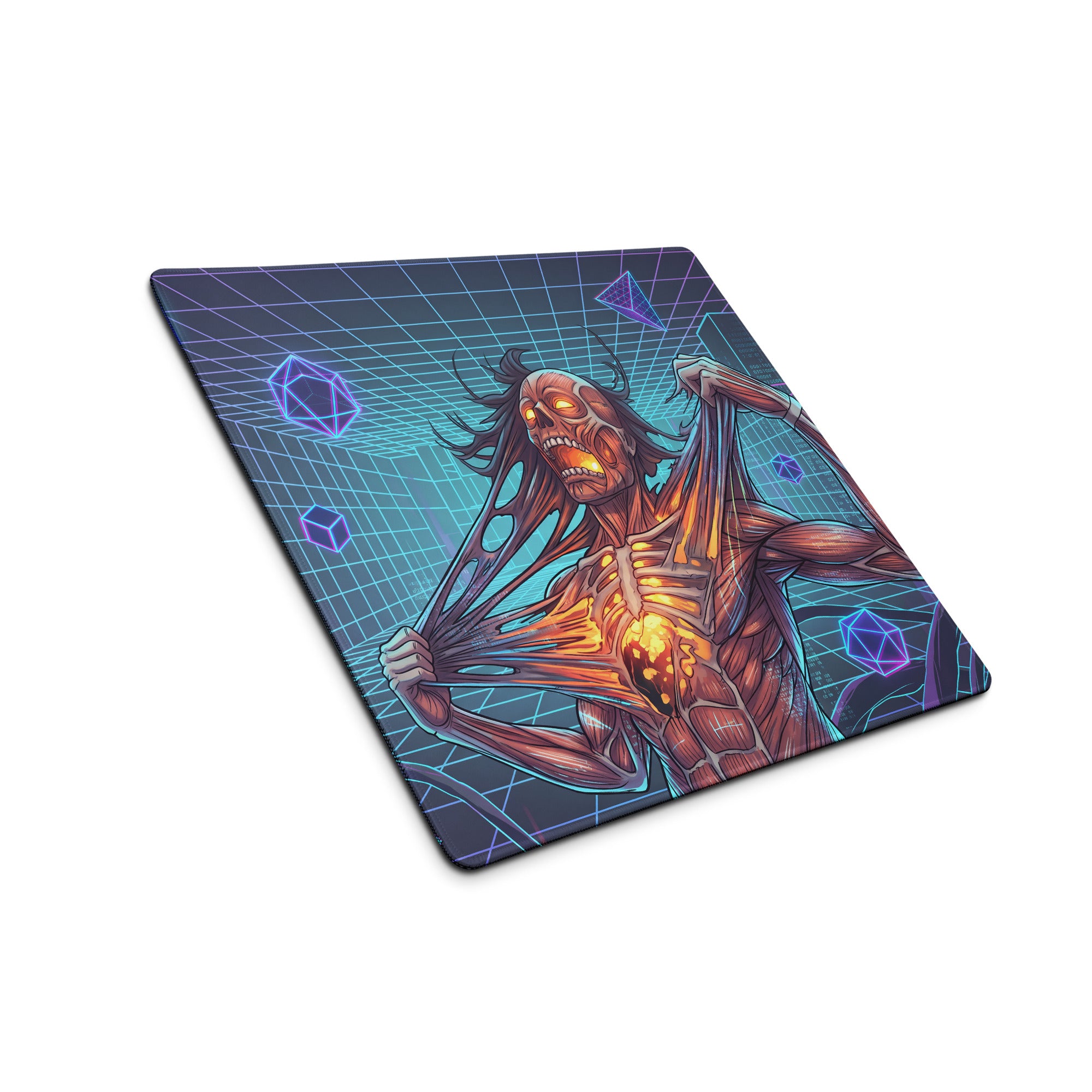 A rectangular gaming mousepad with a glowing orange and brown anatomical creature on a neon pink purple blue grid background