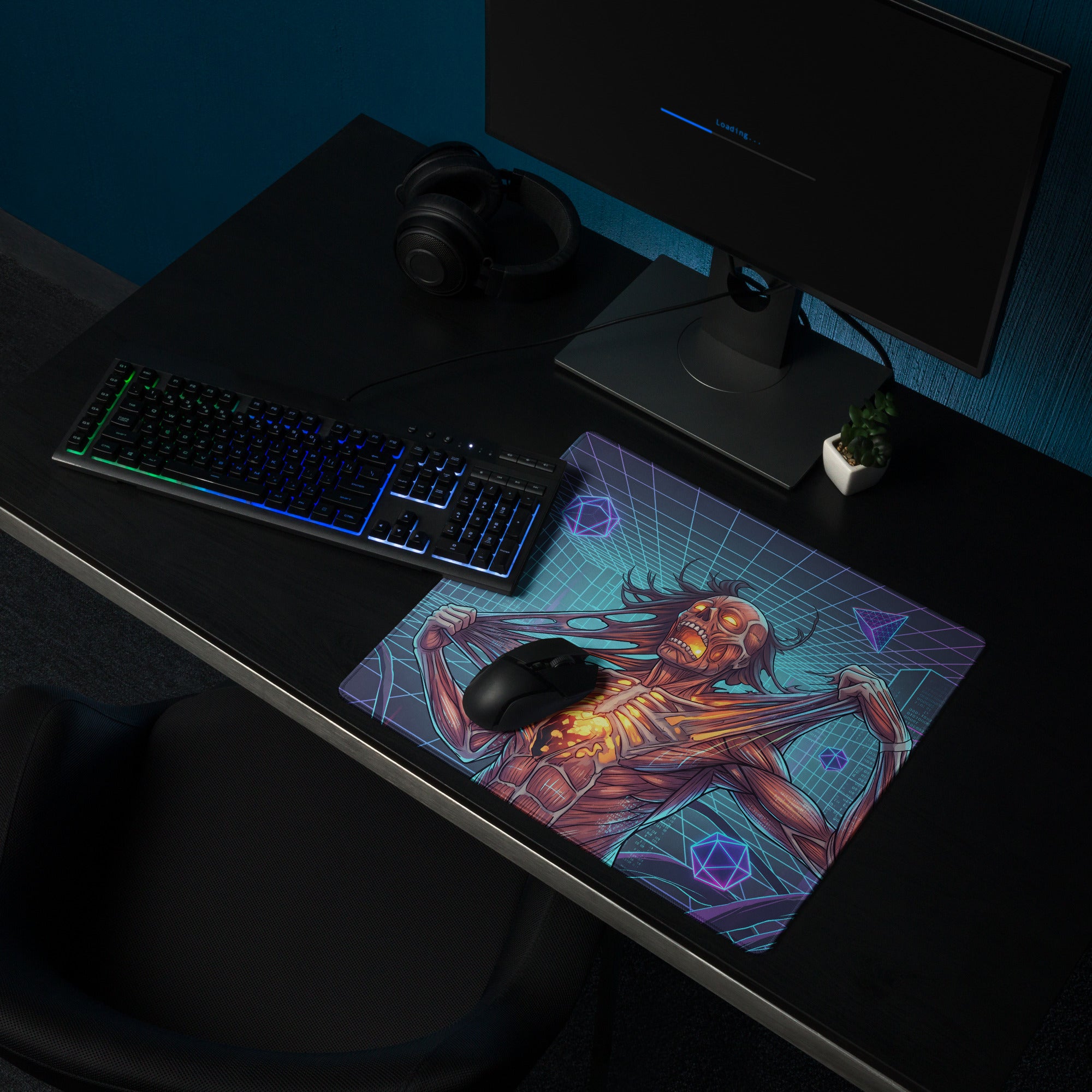 A vibrant vaporwave neon zombie pad gaming mousepad with a glowing orange skeletal figure on a teal grid background