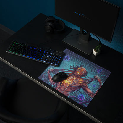 A vibrant vaporwave neon zombie pad gaming mousepad with a glowing orange skeletal figure on a teal grid background