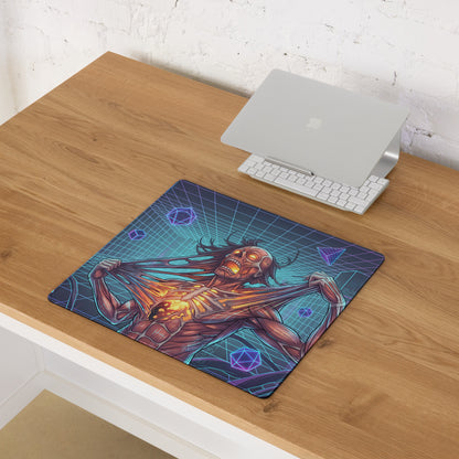 Vaporwave neon zombie rectangular dark blue gaming mousepad with anatomical skeleton and glowing orange eyes on cyberpunk grid