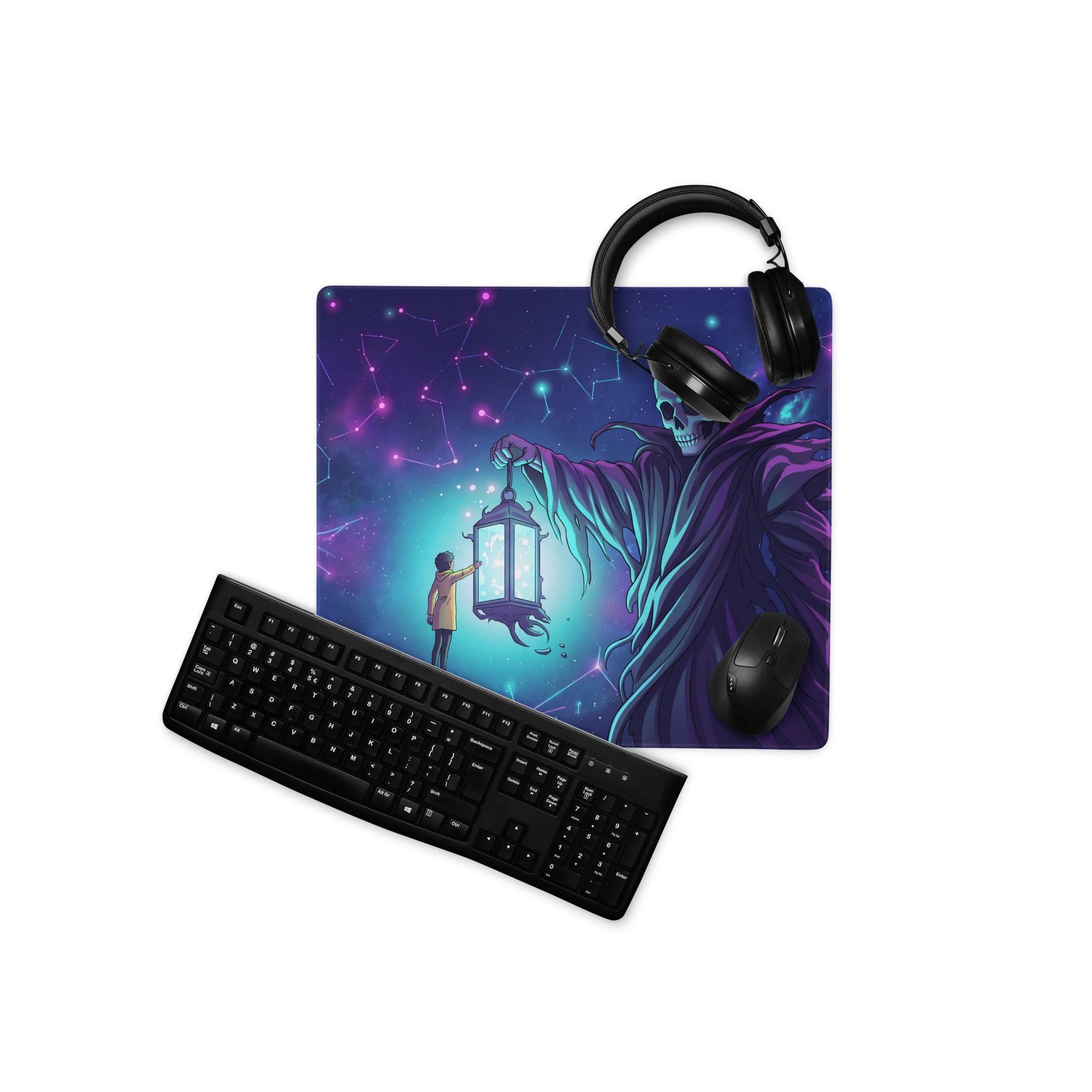 Neon skull vaporwave mouse pad with vibrant cosmic art of a skeletal figure in purple robes holding a lantern