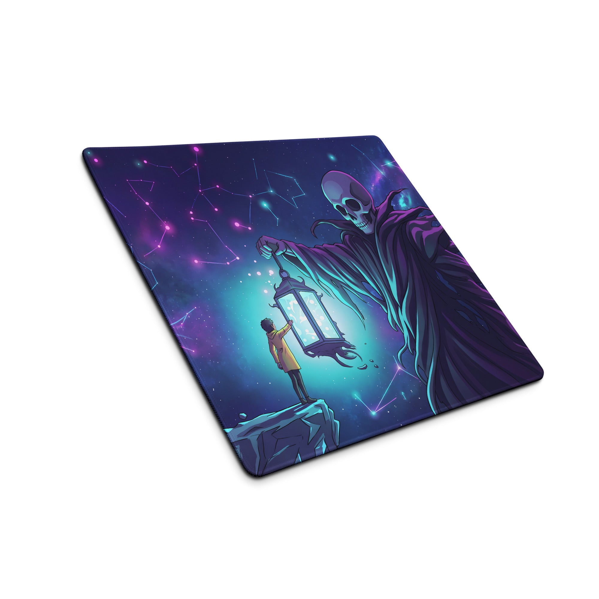 Neon skull vaporwave rectangular gaming mousepad with vivid grim reaper illustration in neon purple pink colors