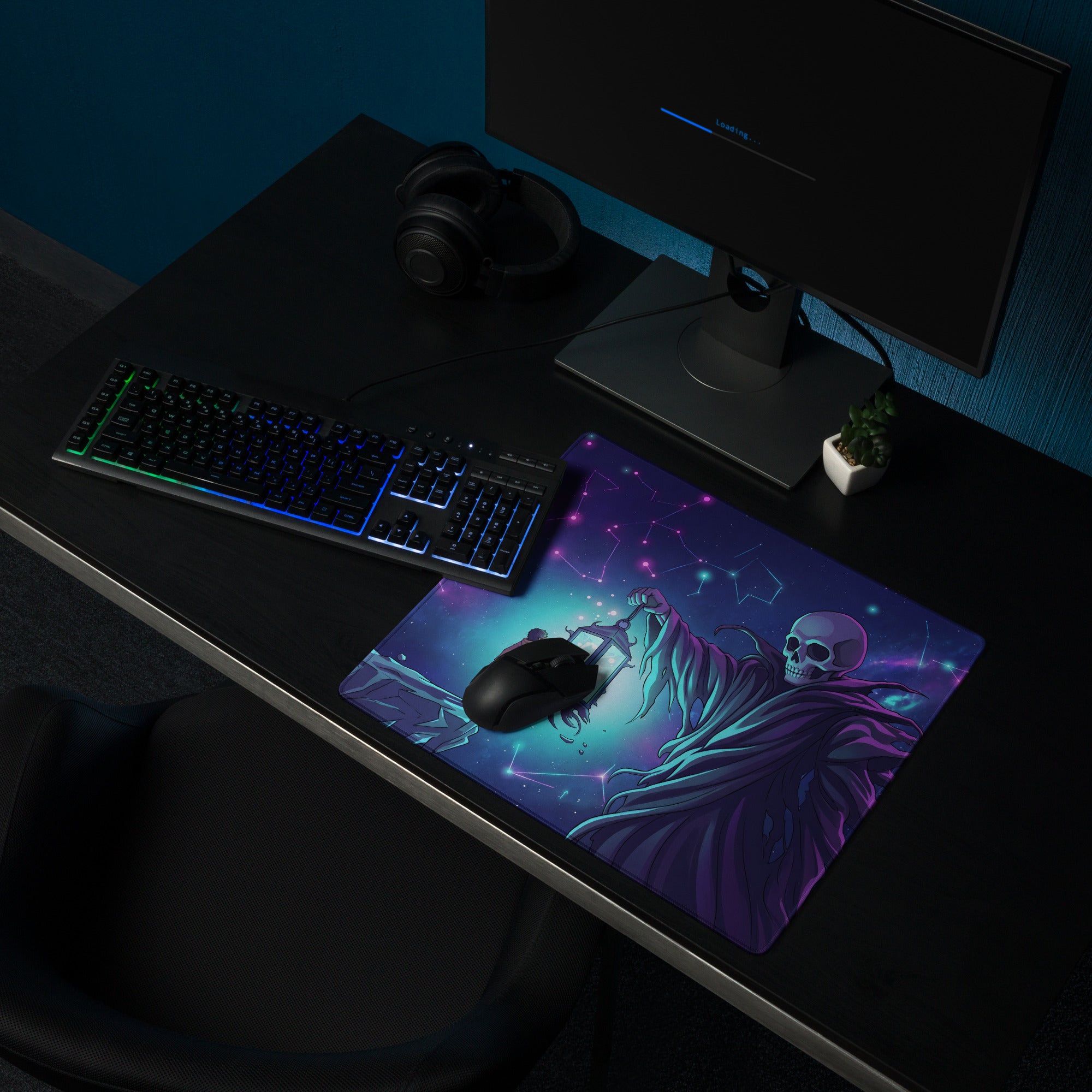 Purple and teal cosmic-themed neon skull vaporwave gaming mouse pad with skeletal figure and starry night design